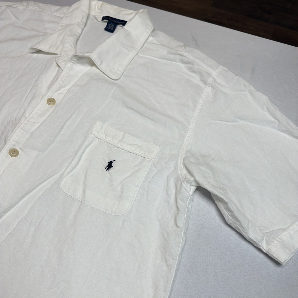 Polo Ralph Lauren Linen Blend‎ Short Sleeve Button Up Shirt White Mens XL